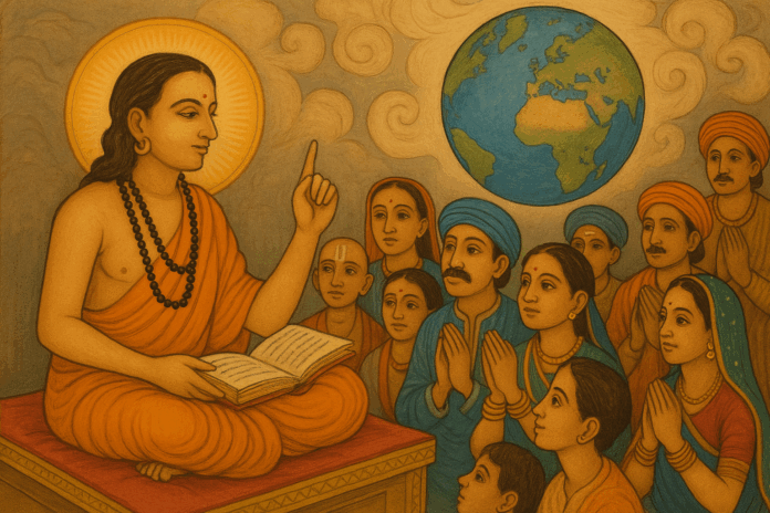 A traditional Indian painting in horizontal orientation depicting Sant Dnyaneshwar seated cross-legged on a carved wooden platform, dressed in an orange robe with a radiant halo, holding an open manuscript of Dnyaneshwari, raising his right hand in teaching mudra, surrounded by men, women, and children in traditional Maharashtrian attire listening with folded hands, with the Earth floating behind them symbolising his message to the world, all illustrated in warm earthy colours and intricate detailing.