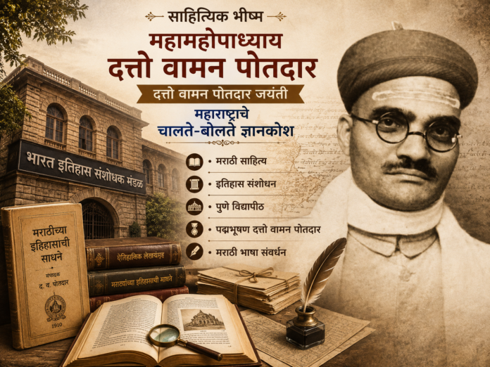 महामहोपाध्याय दत्तो वामन पोतदार यांचे छायाचित्र आणि ‘साहित्यिक भीष्म’ या शीर्षकासह जयंती विशेष