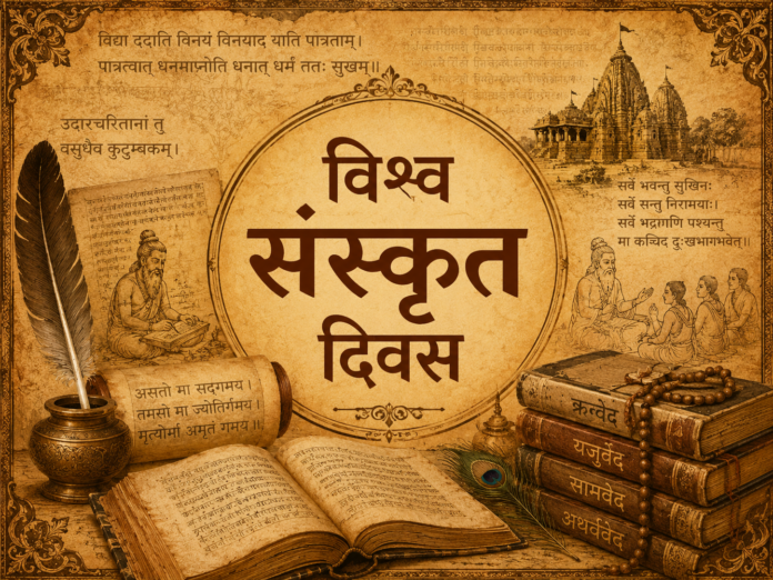 विश्व संस्कृत दिवस आणि भारतीय ज्ञानपरंपरेचे प्रतीकात्मक चित्र