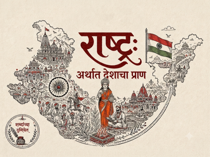 राष्ट्र अर्थात देशाचा प्राण – भारताचा नकाशा, तेजस्वी भारतमाता आणि वैदिक यज्ञकुंड