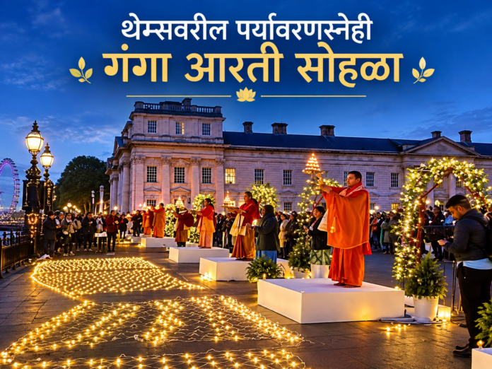 लंडनमधील थेम्स नदीच्या तीरावर पार पडलेला पर्यावरणस्नेही गंगा आरती सोहळा