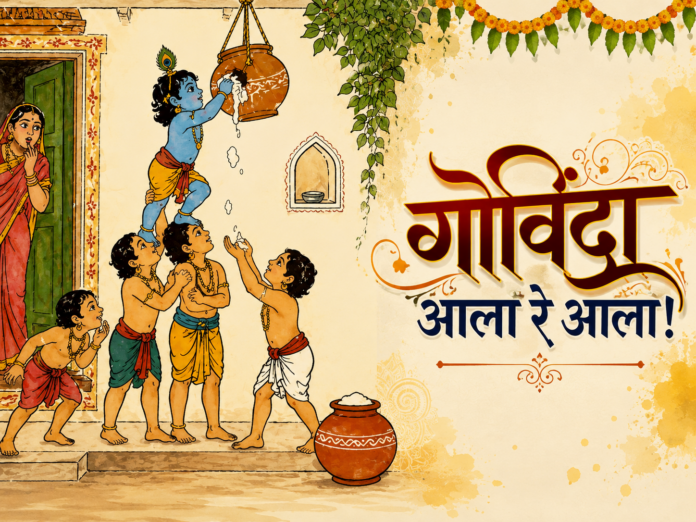 बालकृष्ण आणि गोपाळ सवंगडी दहीहंडी फोडण्यासाठी मानवी मनोरा तयार करतानाचे पारंपरिक चित्र