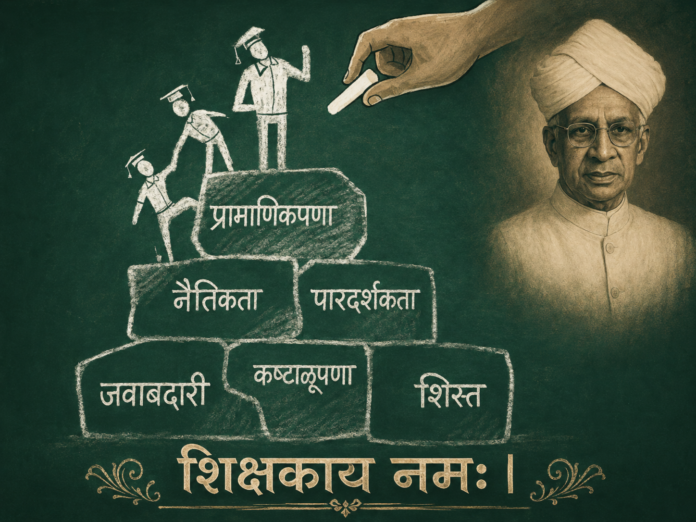 भारतीय संस्कृती, शिक्षणपरंपरा आणि राष्ट्रनिर्मितीतील शिक्षकांची भूमिका दर्शवणारे शिक्षक दिनाचे चित्र