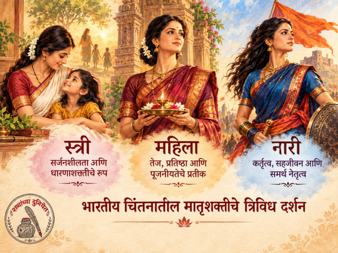 स्त्री, महिला आणि नारी या संकल्पनांतून मातृत्व, प्रतिष्ठा आणि नेतृत्व दर्शवणारे भारतीय सांस्कृतिक शैलीतील चित्र.