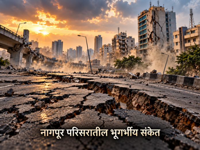 नागपूर परिसरातील भूकंपाचे प्रतीकात्मक चित्र, जमिनीवरील भेगा, भूकंपाची नोंद करणारे उपकरण आणि शहराची पार्श्वभूमी.