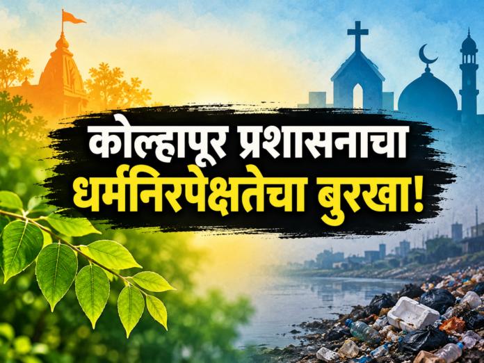 कोल्हापूर प्रशासनाचा धर्मनिरपेक्षतेचा बुरखा! या शीर्षकासह मंदिर, चर्च, मशीद, हिरवी पाने आणि प्रदूषित नदी दर्शवणारी संपादकीय शैलीतील प्रतिमा.
