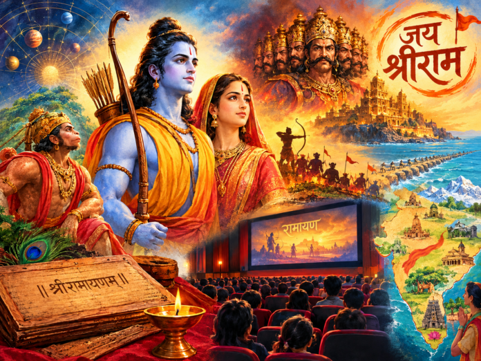 प्रभू श्रीराम, सीता आणि हनुमान यांच्यासह रावण, रामसेतू, भारतीय मंदिरे आणि रामायणाचा ग्रंथ दर्शवणारी ‘जय श्रीराम’ संदेश असलेली सांस्कृतिक प्रतिमा.