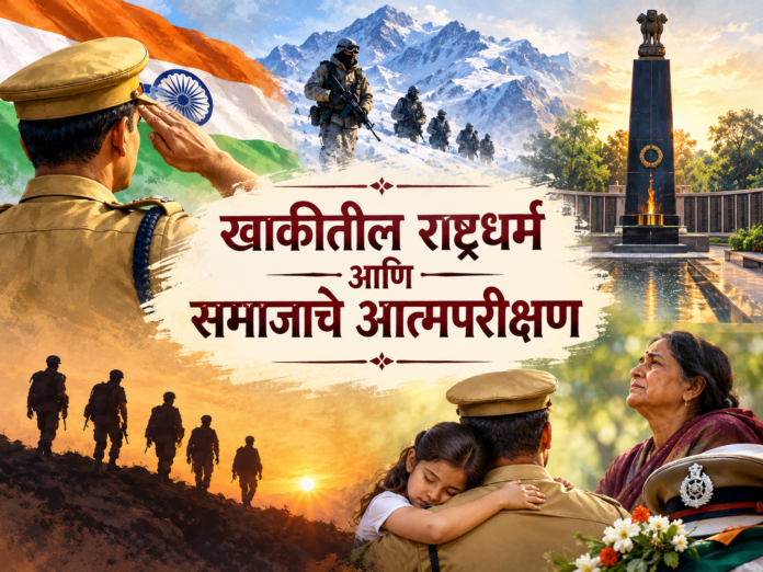 पोलीस स्मृती दिनानिमित्त भारतीय पोलिसांचे शौर्य, राष्ट्रीय पोलीस स्मारक, तिरंगा आणि शहीद जवानांच्या कुटुंबीयांचे भावविश्व दर्शवणारी ‘खाकीतील राष्ट्रधर्म आणि समाजाचे आत्मपरीक्षण’ या शीर्षकाची प्रतिमा.