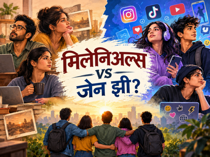 मिलेनिअल्स विरुद्ध जेन झी या चर्चेतील सोशल मीडिया आणि पिढ्यांमधील अंतराचे प्रतीकात्मक चित्रण
