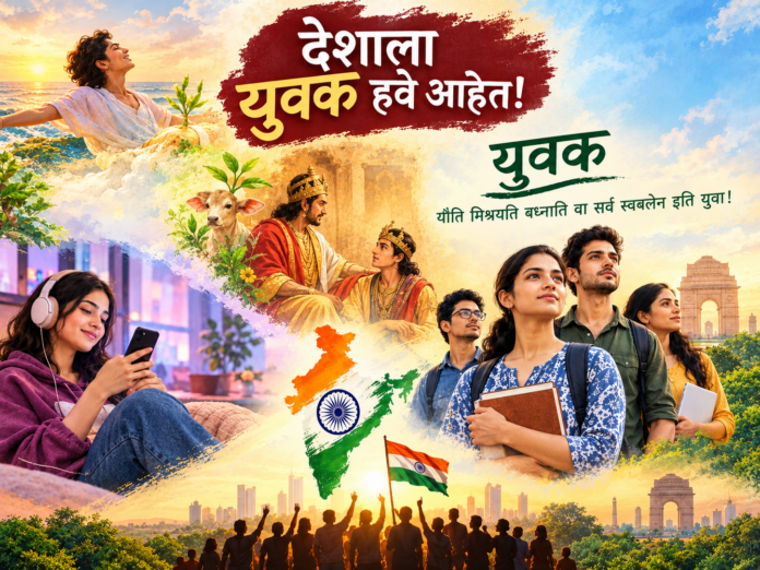 देशाला युवक हवे आहेत या लेखासाठी तयार केलेले चित्र; एका बाजूला मोबाईलमध्ये रमलेली तरुणाई आणि दुसऱ्या बाजूला शिक्षण, सामाजिक एकता व राष्ट्रनिर्माणासाठी सज्ज असलेले भारतीय युवक.