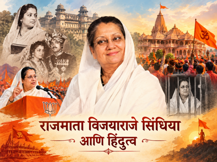 राजमाता विजयाराजे सिंधिया यांचे व्यक्तिचित्र, ग्वाल्हेर राजघराणे, राम मंदिर आणि हिंदुत्ववादी राजकारणातील त्यांच्या योगदानाचे प्रतीकात्मक चित्रण.