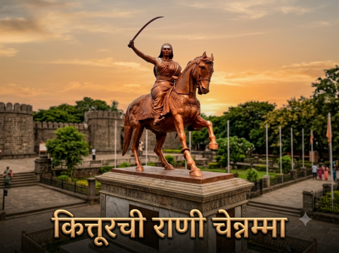कित्तूरची राणी चेन्नम्मा यांचे तलवारधारी रूप – १८२४ मधील ब्रिटिशांविरुद्धच्या संघर्षाचे प्रतीक
