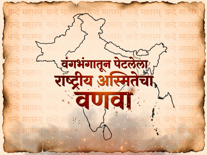 अखंड भारताचा काळा नकाशा, पार्श्वभूमीत फिकट केशरी रंगात 'वन्दे मातरम्'चे लेखन आणि मध्यभागी 